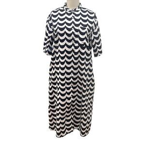 Marimekko Uniqlo Womens Medium Black White Wave Linen Cotton Shirt Dress Midi
